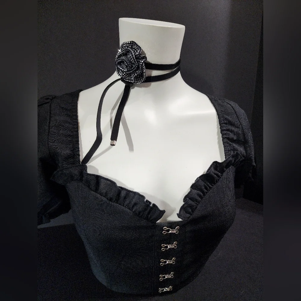 Black Rhinstone Rose Long Wrap Choker Necklace